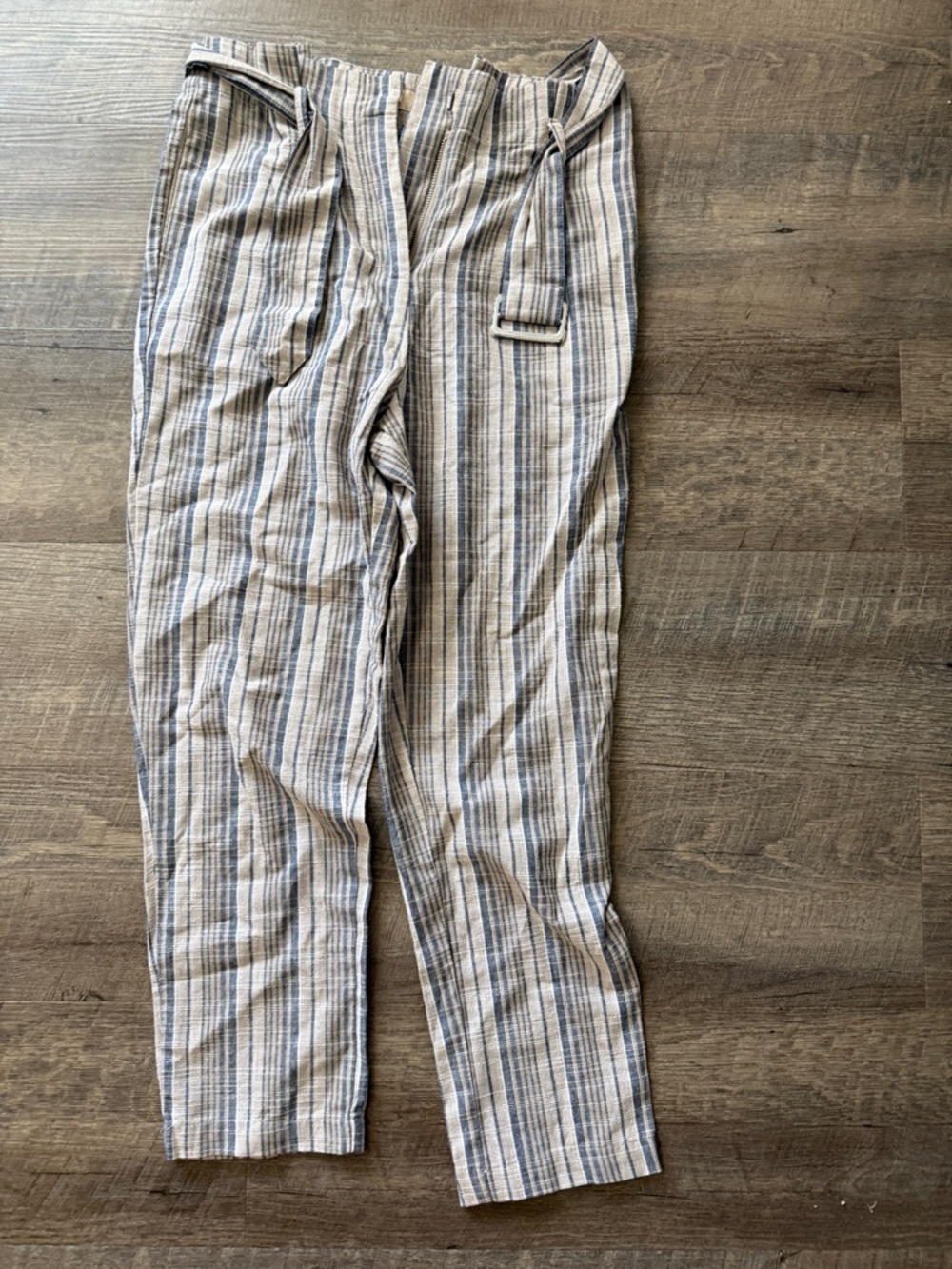 Altar'd State Tan and Blue Striped Linen-Blend Chinos